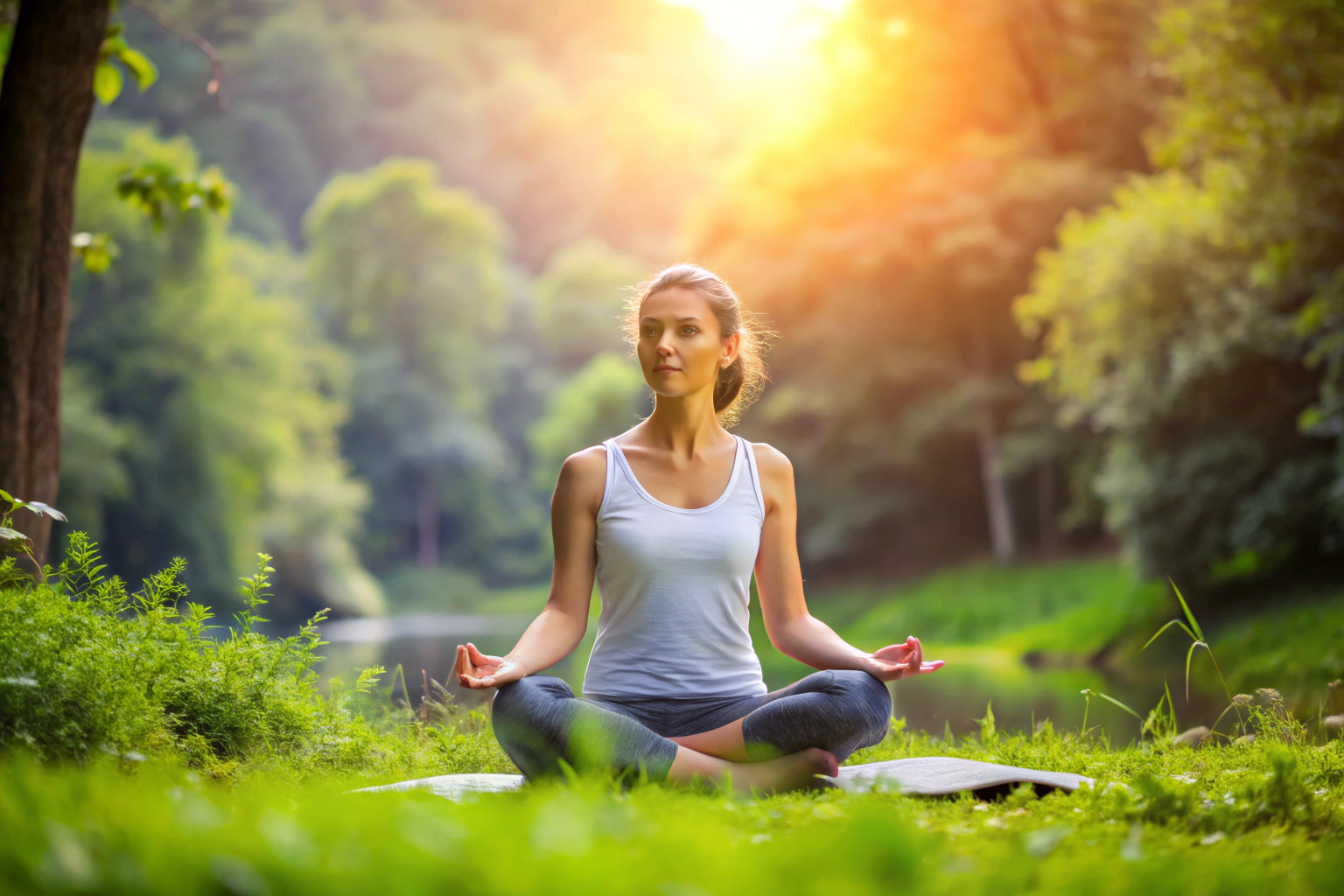 A person meditating in a calm yoga pose, surrounded by nature, with a peaceful expression, symbolizing mental clarity and relaxation