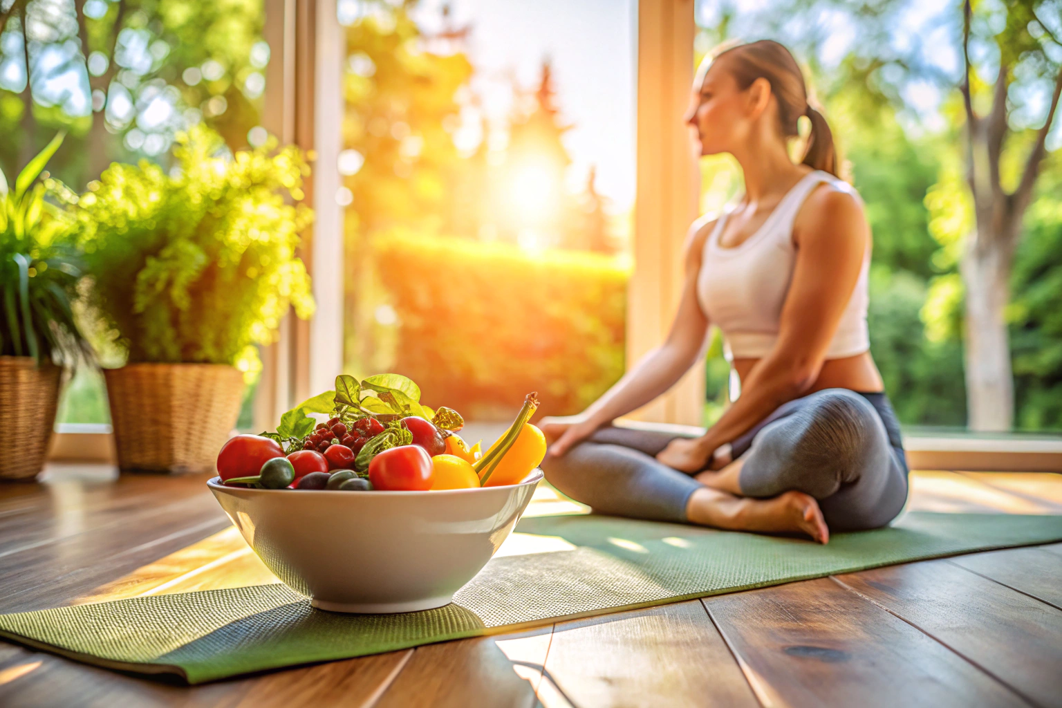 A person performing a yoga pose on a mat with a bowl of fresh fruits and vegetables in the foreground, in a calm, natural setting with soft sunlight
