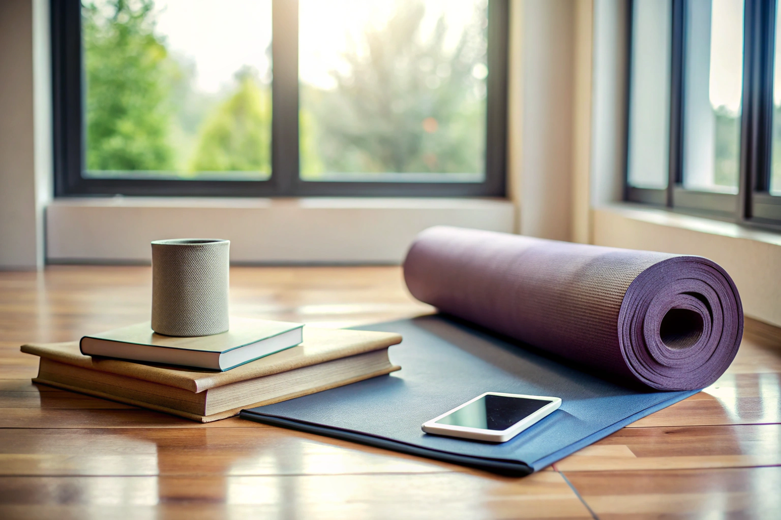 A serene image of a yoga mat with a small stack of books and a tablet nearby, set against a neutral background with soft natural light, no text or identifiable symbols