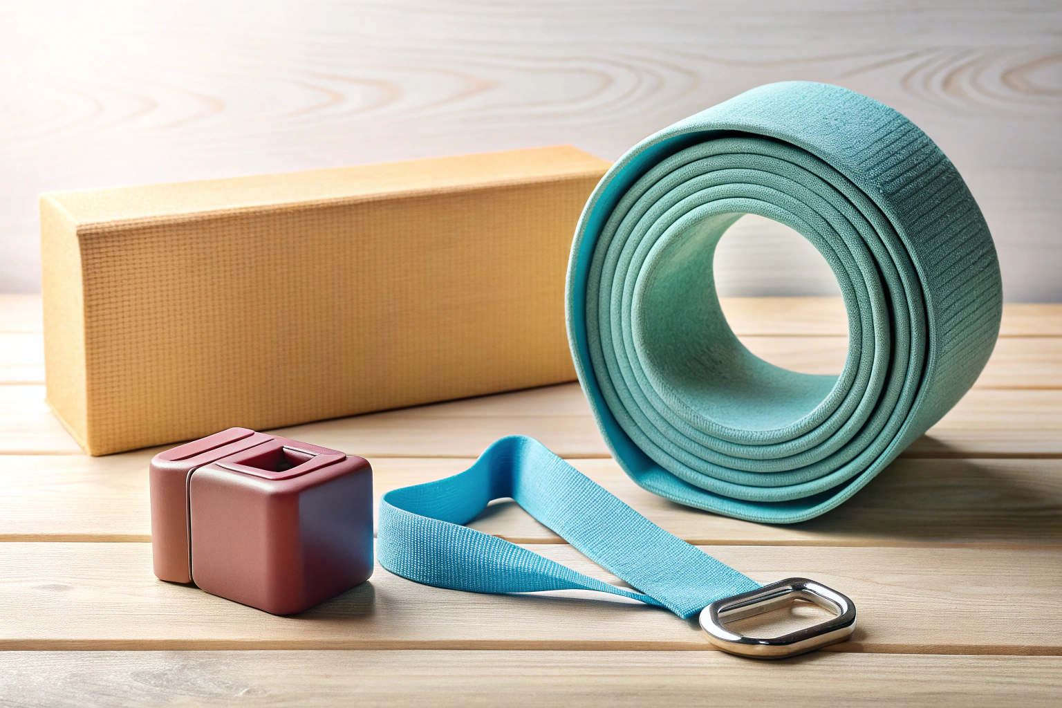 A yoga mat, two yoga blocks, and a strap placed neatly on a clean, light-colored surface with no text or branding