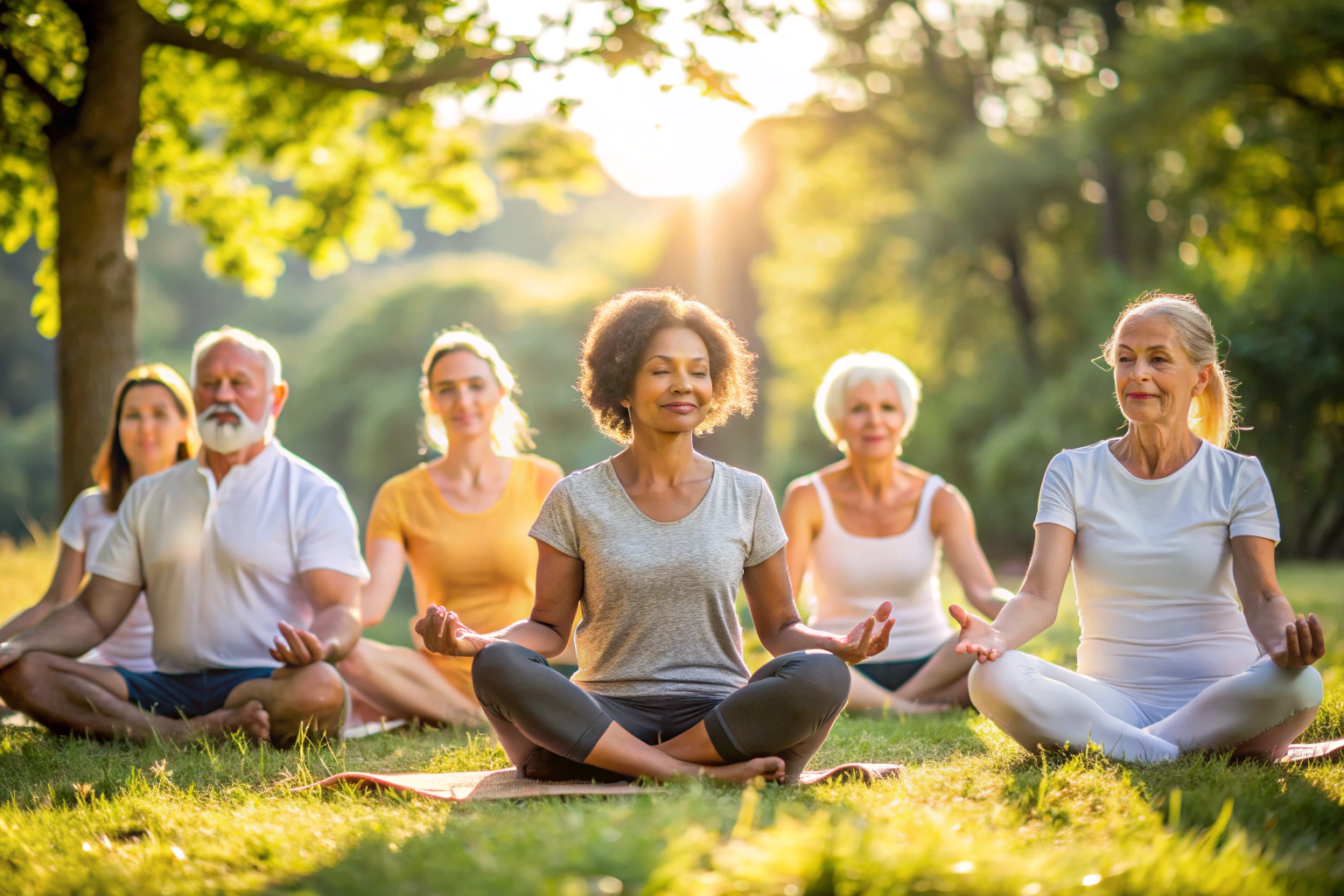 A diverse group of people of different ages and backgrounds meditating together in a lotus position, surrounded by nature with soft sunlight filtering through trees, no text or logos visible